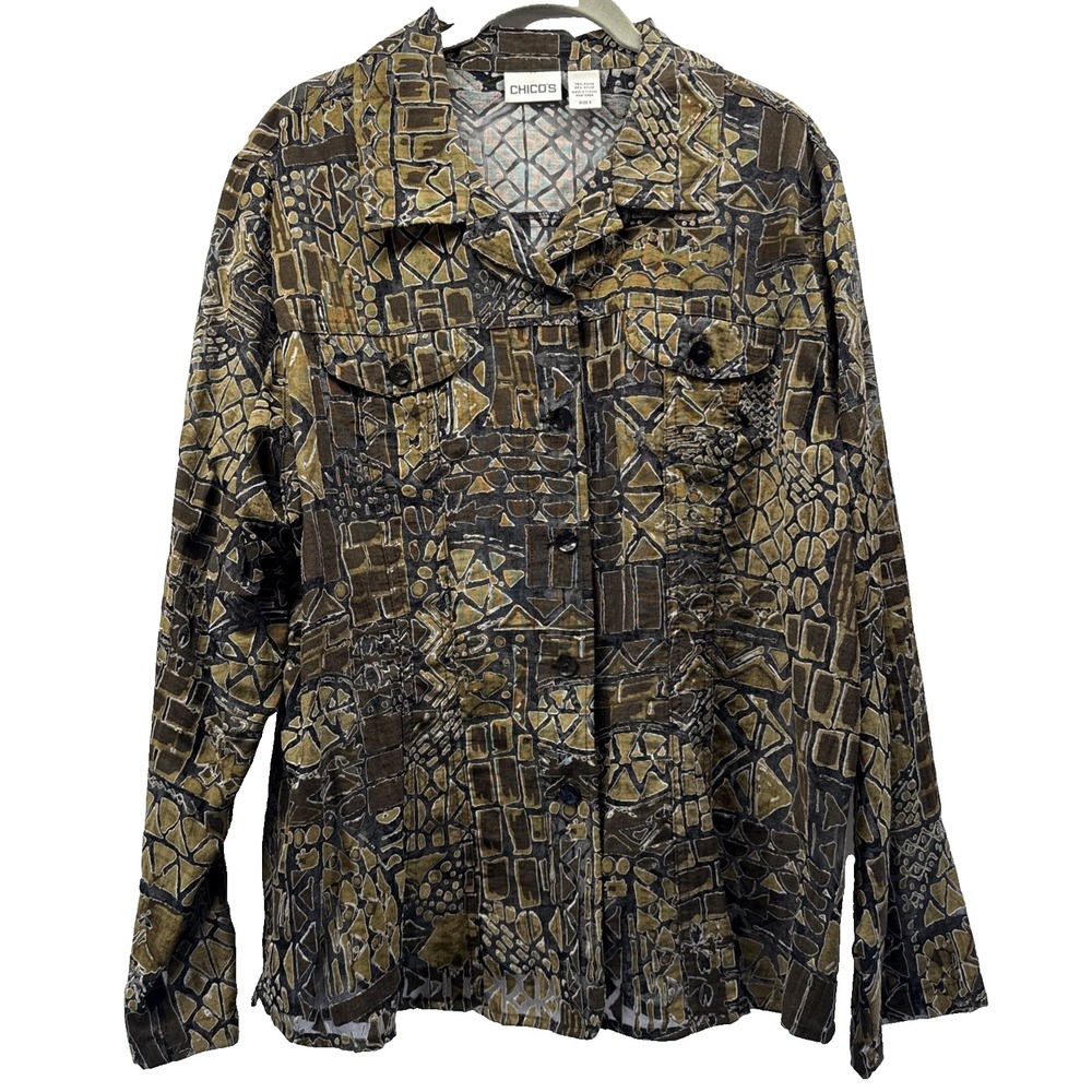 Chicos Women's Top Blouse Large Shear Black Brown Pockets Buttons Long Sleeves